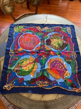 Silk Fish Print Scarf in Navy and Multicolor 34“ x 34“ made in Korea